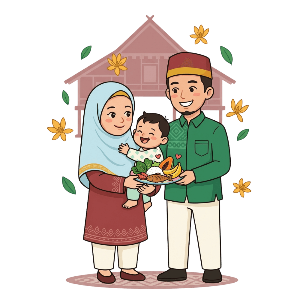 Ilustrasi keluarga Aceh — ayah, ibu, dan anak